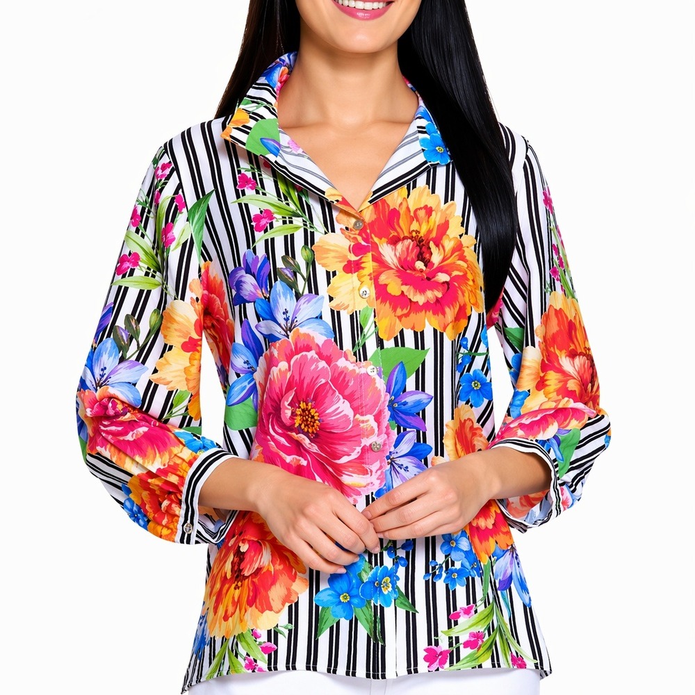 John Mark NEW Wire Collar Striped Bright Floral Button Front Top SZ Large Artsy